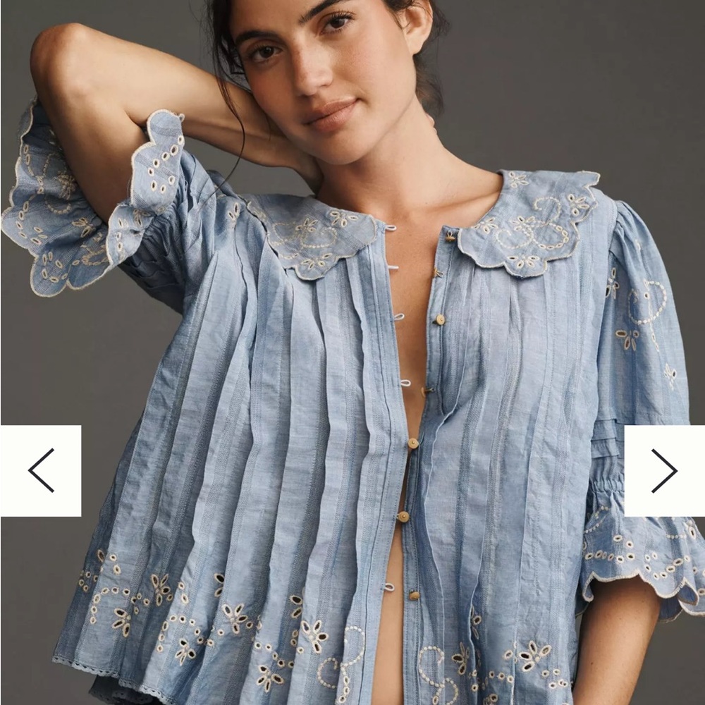 Maeve Anthropologie Light Blue Eyelet Embroidered Pintuck Women's Top